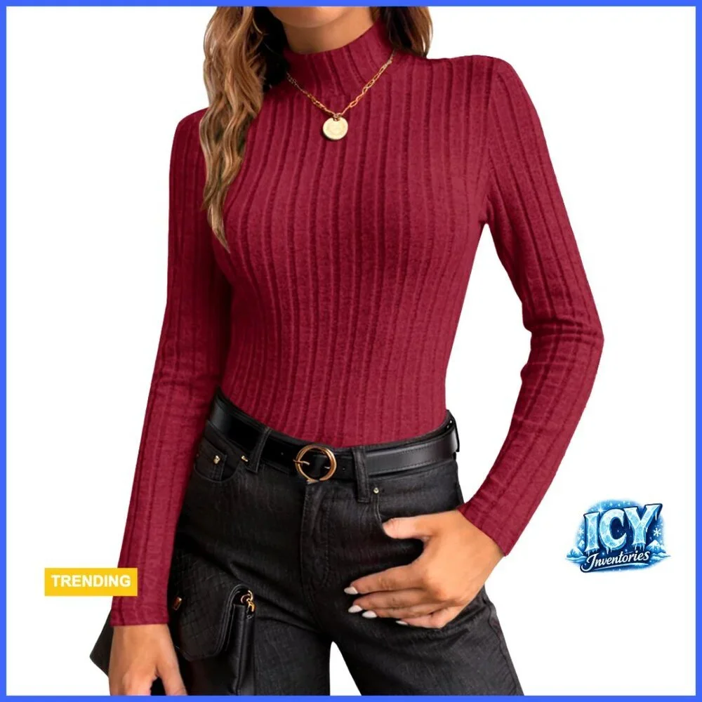 Long Sleeve Mock Turtleneck Thermal Top Fleece Ribbed Slim Fit Women's